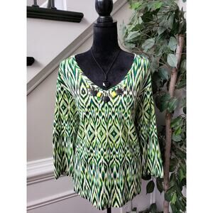 Ruby Rd. Blouse Top Womens 2X Green Printed Beaded V Neck Long Sleeve Pullover